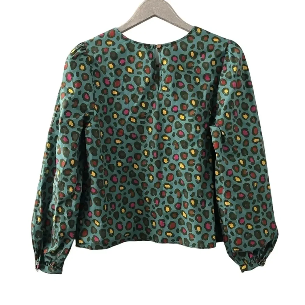 Anthropologie x Farm Rio Hanya Puff Sleeve Blouse Turquoise Colorful Leopard NEW